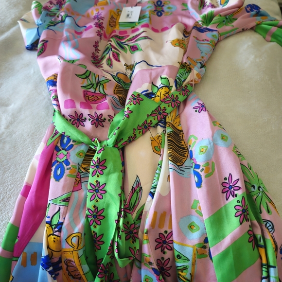 Sugarlips Curve Womens Plus 3/4 Balloon Sleeve Satin Mini Dress: Pink Tropical - Picture 8 of 14